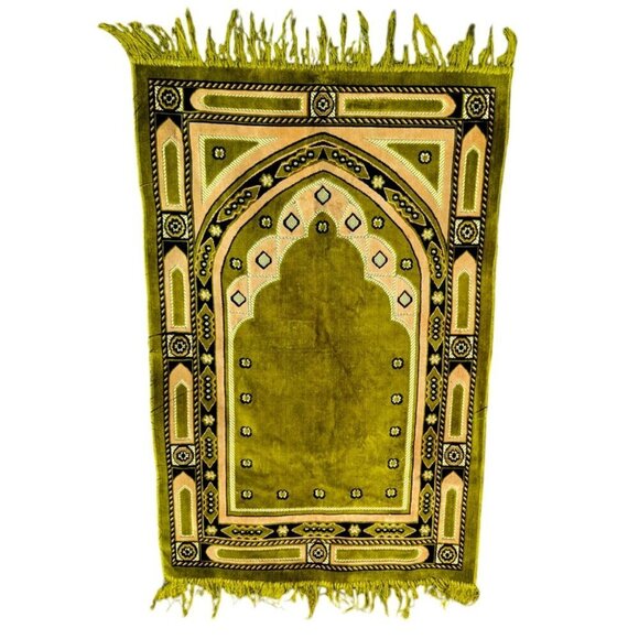 Vintage Aydin Mensucat Turkish Prayer Rug Velvet Fringe Green Boho Matt - Picture 1 of 6